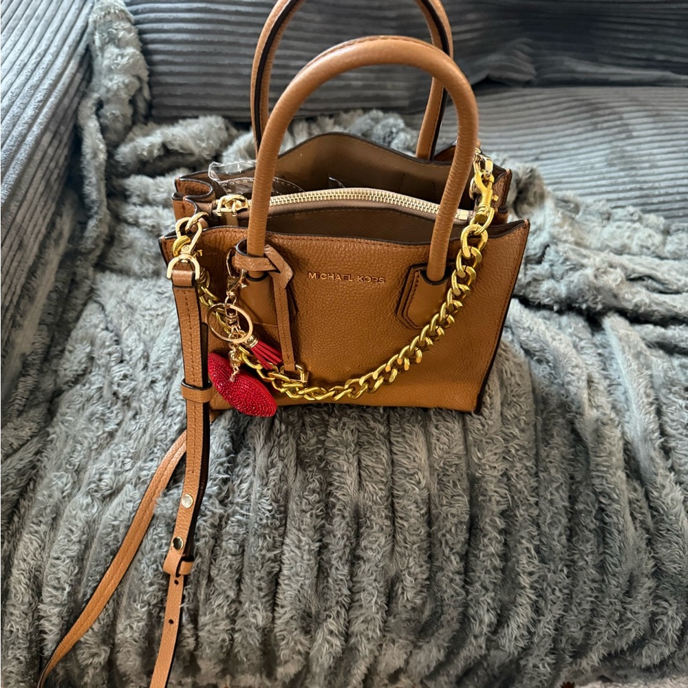 Michael Kors Mini Satchel in Brown with Gold Hardware and Red Charm